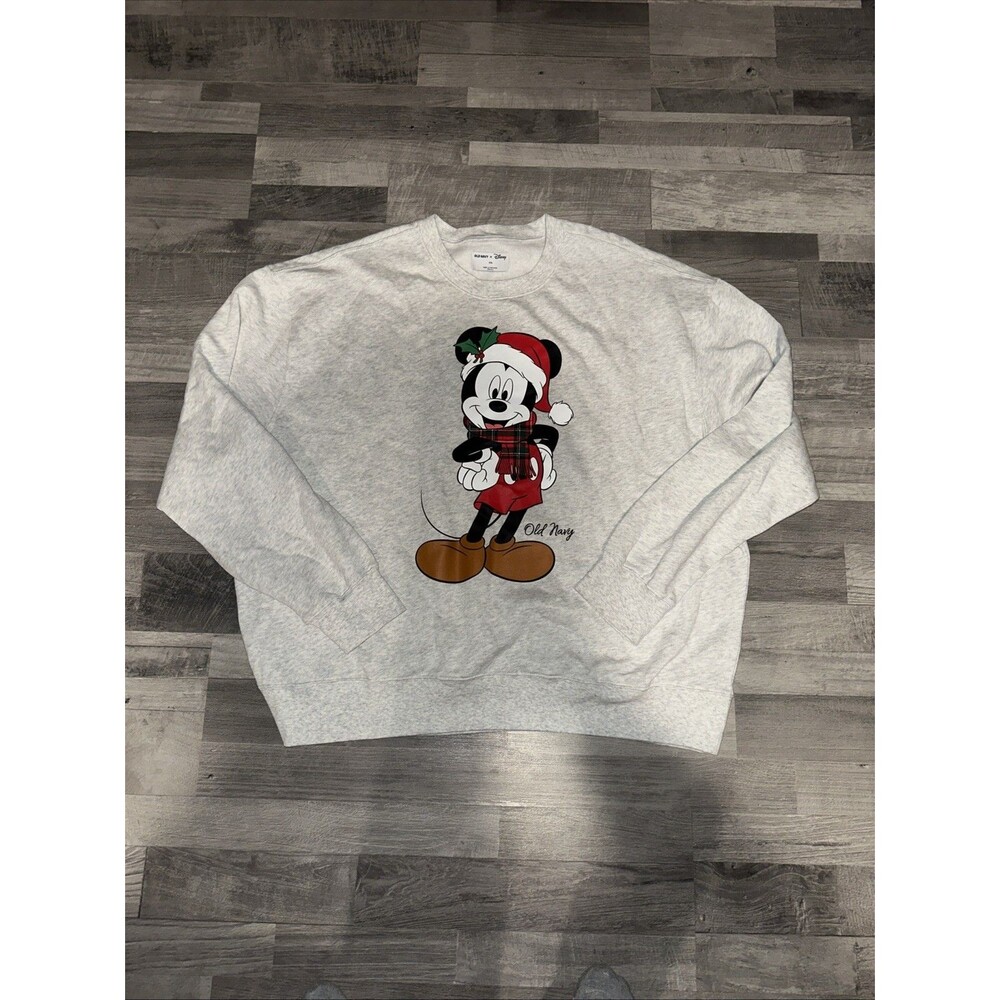 Old Navy x Disney Mickey Mouse Christmas Sweatshirt XXL Gray Santa Hat Scarf